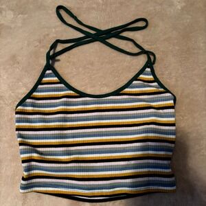 SHEIN Women's Striped Halter Neck Crop Top Ribbed Knit Size S Green Yellow